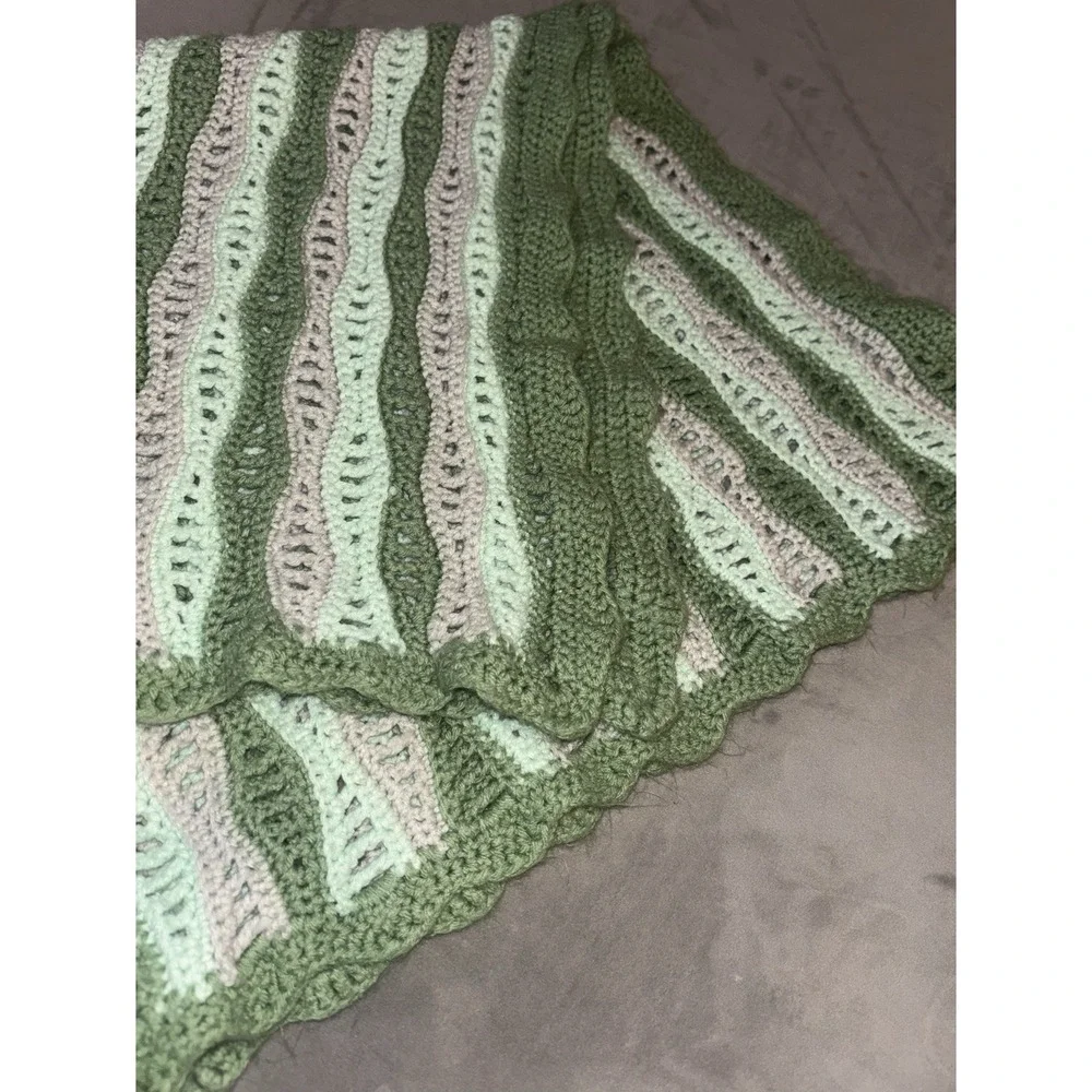 Vintage Afghan Baby Throw Crochet Stripes Green Lavender Wavy Scalloped Trim